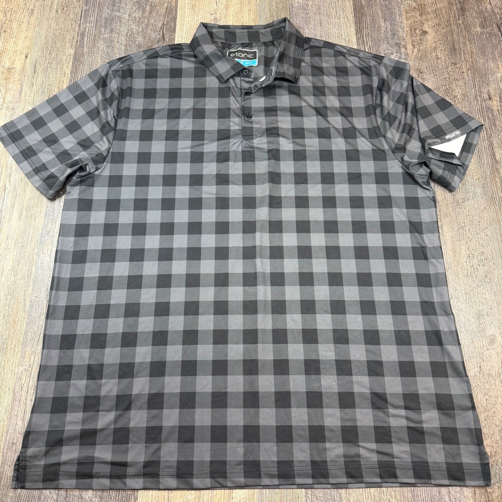 Etonic Mens 3XL Performance Polo Grey Black Buffalo Plaid Short Sleeve Golf